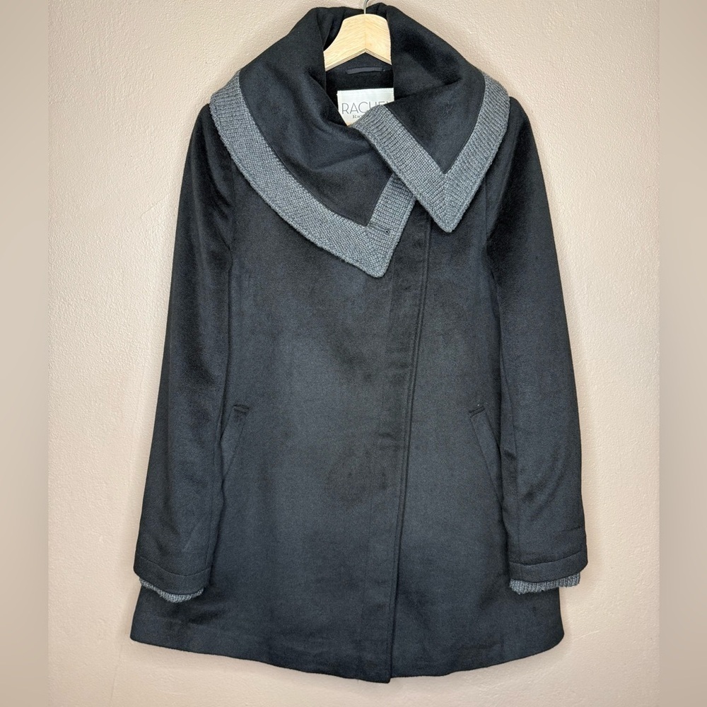 Rachel Rachel Roy Women's Fold Over Collar Knit Trim Pea Coat Black & Gray Small